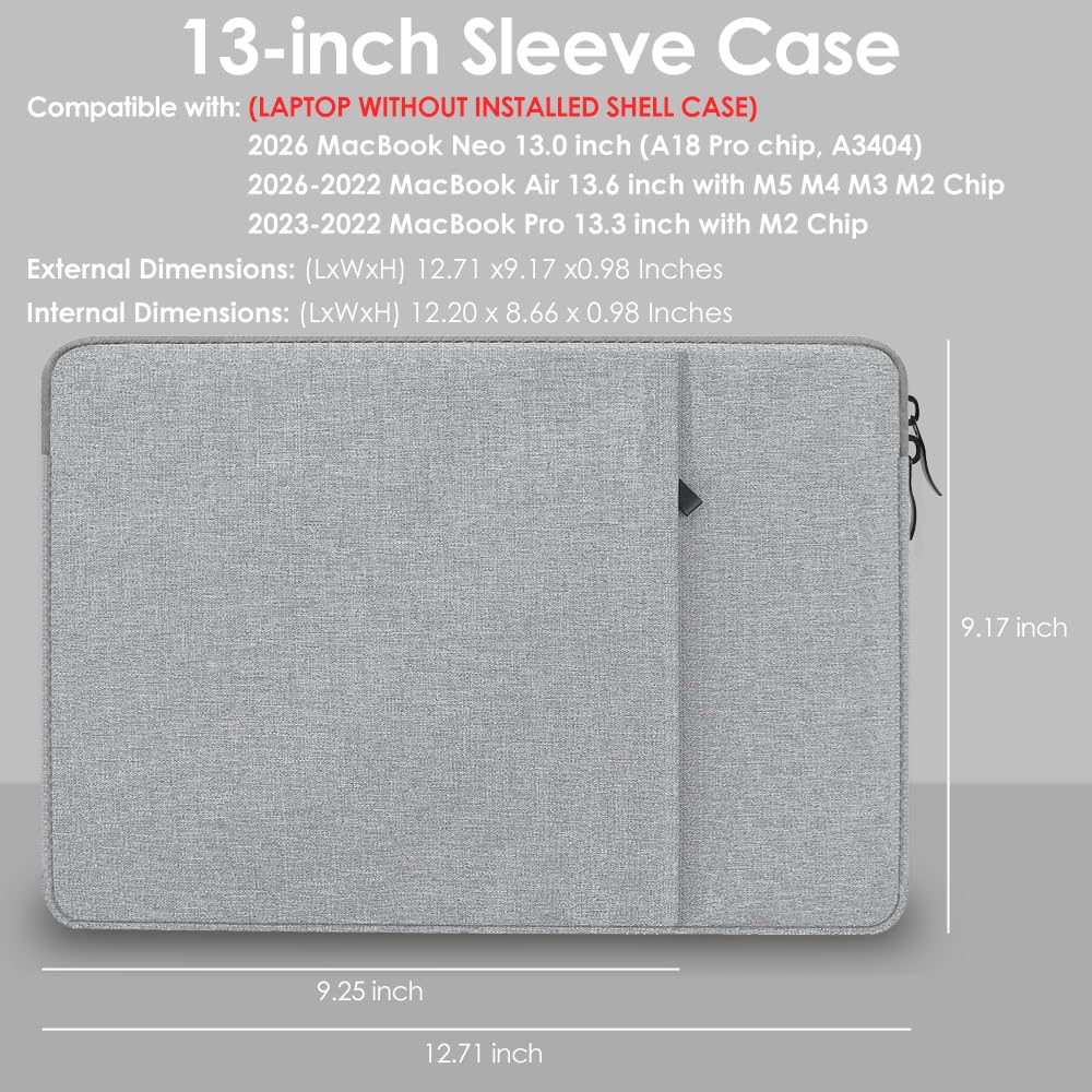 ProElife 13-Inch Laptop Sleeve Case for 2026-2022 MacBook Air 13.6 inch M5 M4 M3 Chip & MacBook Neo 13'' A18 Pro, Pro 13'' M2 Chip Accessory Traveling Carrying Canvas Bag Cover Simple Case (Gray)