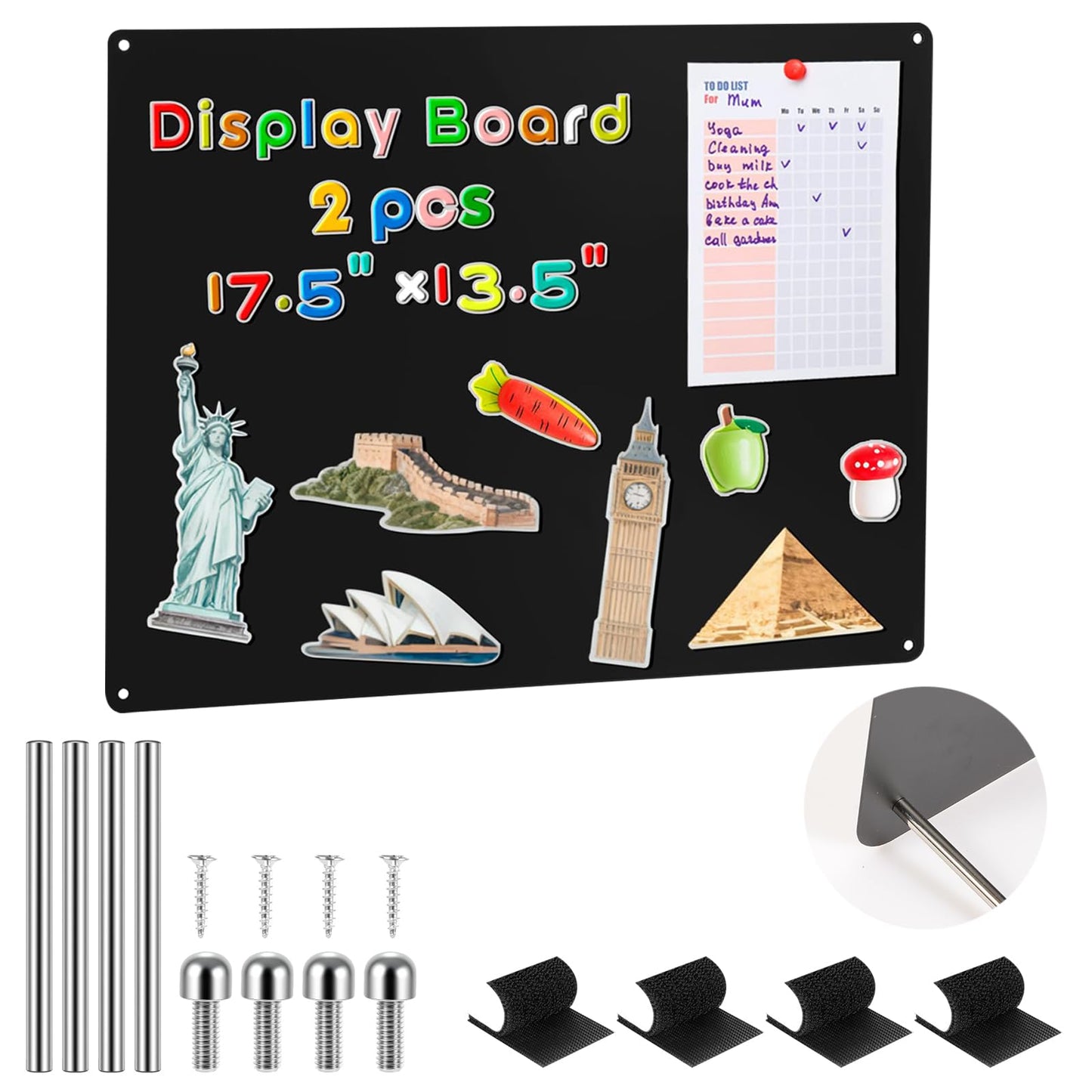 Black Magnetic Boards 16.5" x 11.8" Magnet Bulletin Board for Display Magnetic Notes Poetry Photos with 4 Screws 2 Support Screws