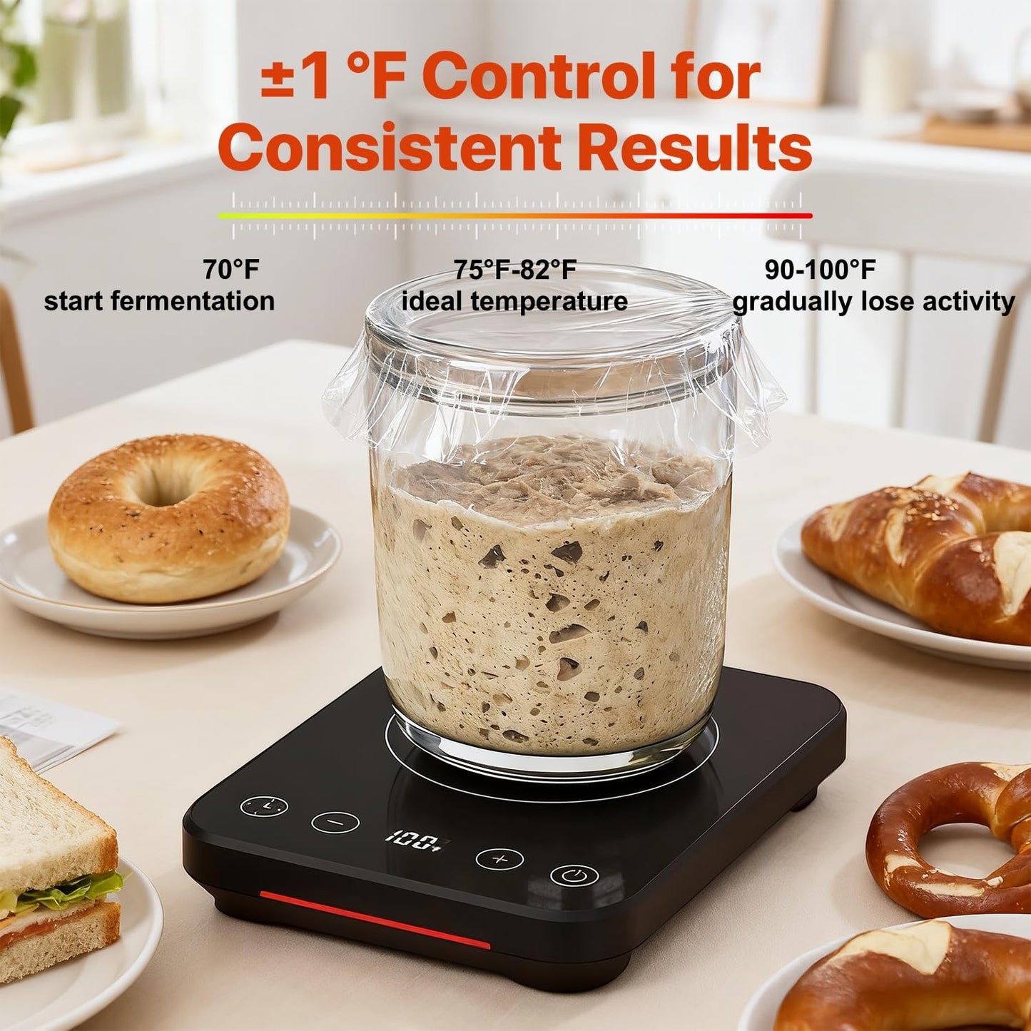 Sourdough Starter Warmer Mat, 70-100℉ Adjustable with 1℉ Precision Warming Heating Pad for Proofing Bread for Home Baking with US Plug, 0-12H Timer, Memory Function (Black)