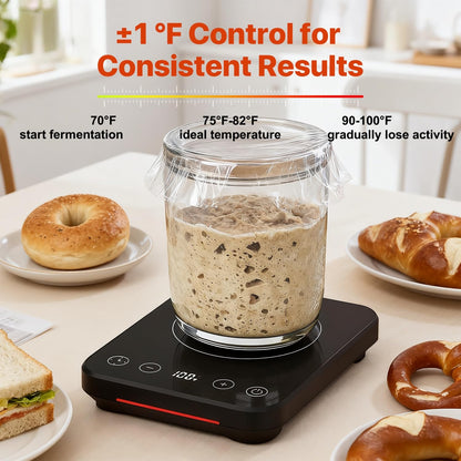 Sourdough Starter Warmer Mat, 70-100℉ Adjustable with 1℉ Precision Warming Heating Pad for Proofing Bread for Home Baking with US Plug, 0-12H Timer, Memory Function (Black)