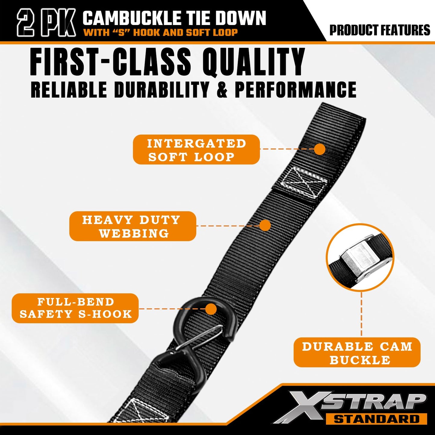 XSTRAP STANDARD Motorcycle Tie Down Straps (2 Pack) 3,000lb Break Strength, 1.5 in X 8FT Heavy-Duty Cambuckle Tie Down Set with S Hook and Soft Loops, Black