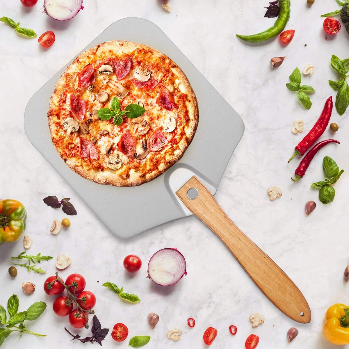 12 Inch x 14 Inch Aluminum Metal Pizza Peel, Pizza Paddle for Baking Homemade Pizza and Bread with Foldable Wood Handle for Easy Storage, for Any Outdoor Or Indoor, Oven or Grill Use (Aluminum)