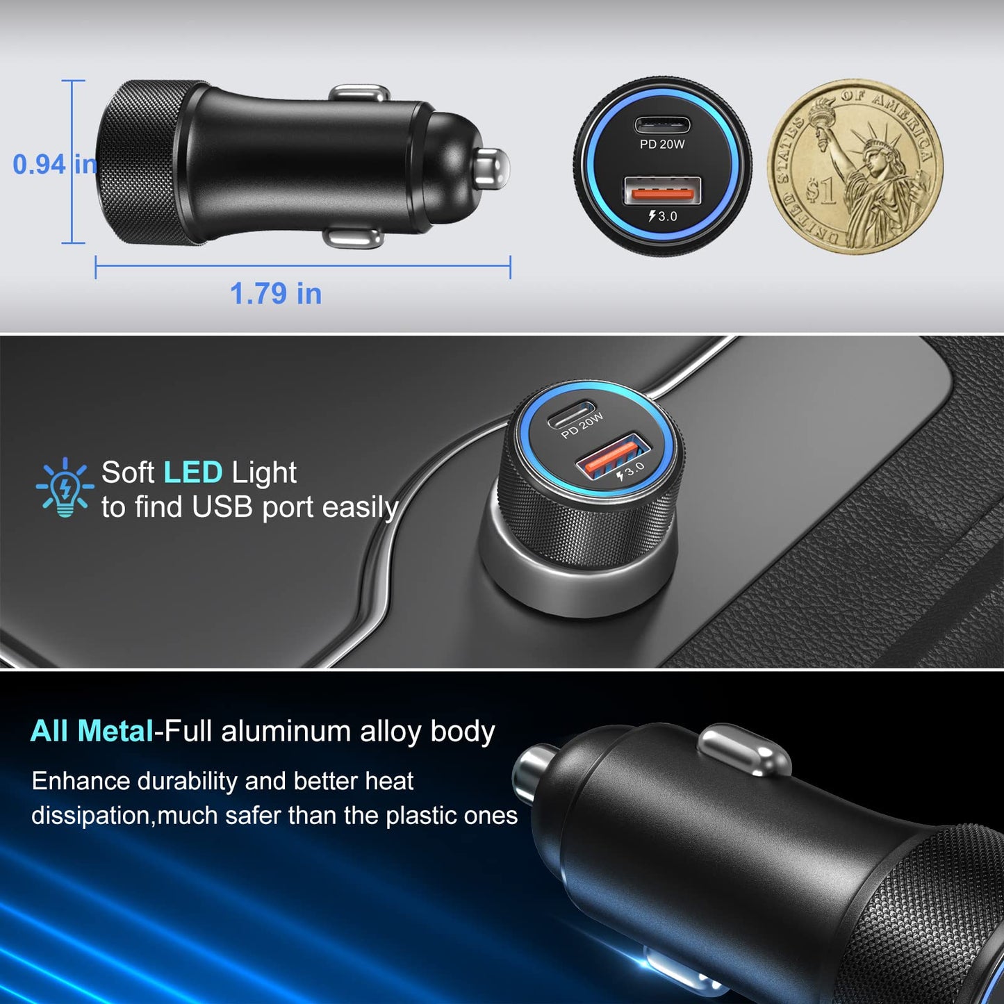 USB C Car Charger[5Pack], Bangfun 36W Dual Port 12V USB Car Charger PD&QC 3.0 Fast Charge Car Phone Charger Cigarette Lighter Adapter for iPhone 15 14 13 12 11 Pro Max,Samsung S24/A15/A53, Pixel 6 7