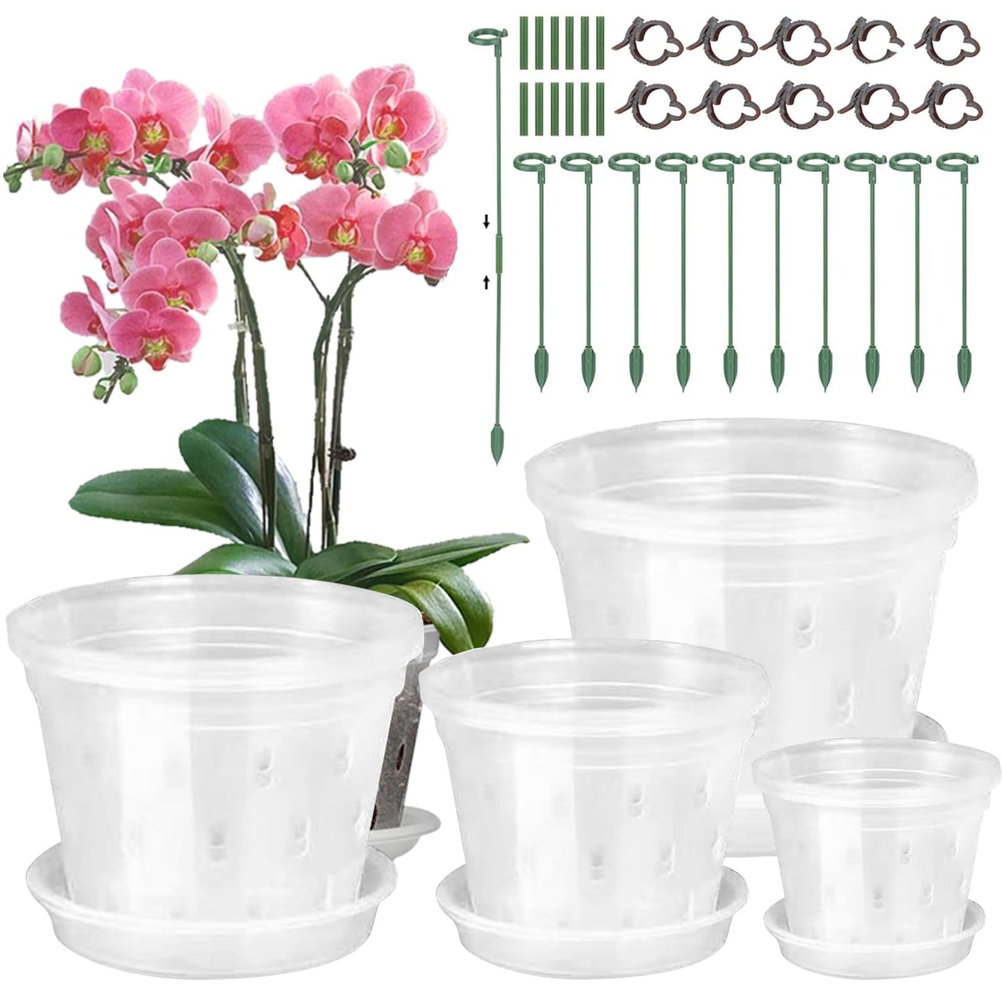 8pcs Orchid Pots with Saucers and Plant Stakes Set, 4" 5" 5.6" 6" Multi-Size, Clear Orchid Pot with Holes and Plant Support, Clear Plastic Breathable Orchid pots for Repotting
