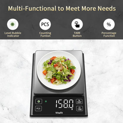 Vitafit 11lb Food Scale, High Accuracy 0.0001lb by Our Professional Factory Since 2001, Digital Kitchen Scale with% Percentage Function Cooking,Baking&Coffee, Stainless Steel, Big LED, Black