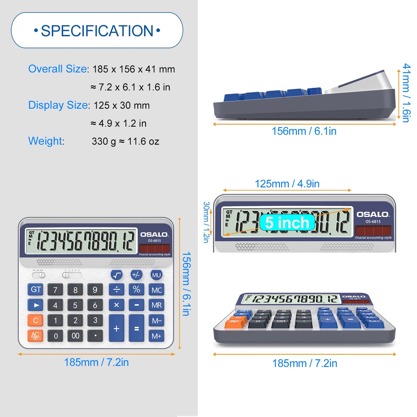 Desktop Calculator Extra Large 5-Inch LCD Display 12 Digit Big Number Accounting Calculator with Giant Response Button, Battery & Solar Powered, Perfect for Office Business Home Daily Use(OS-6815CA)