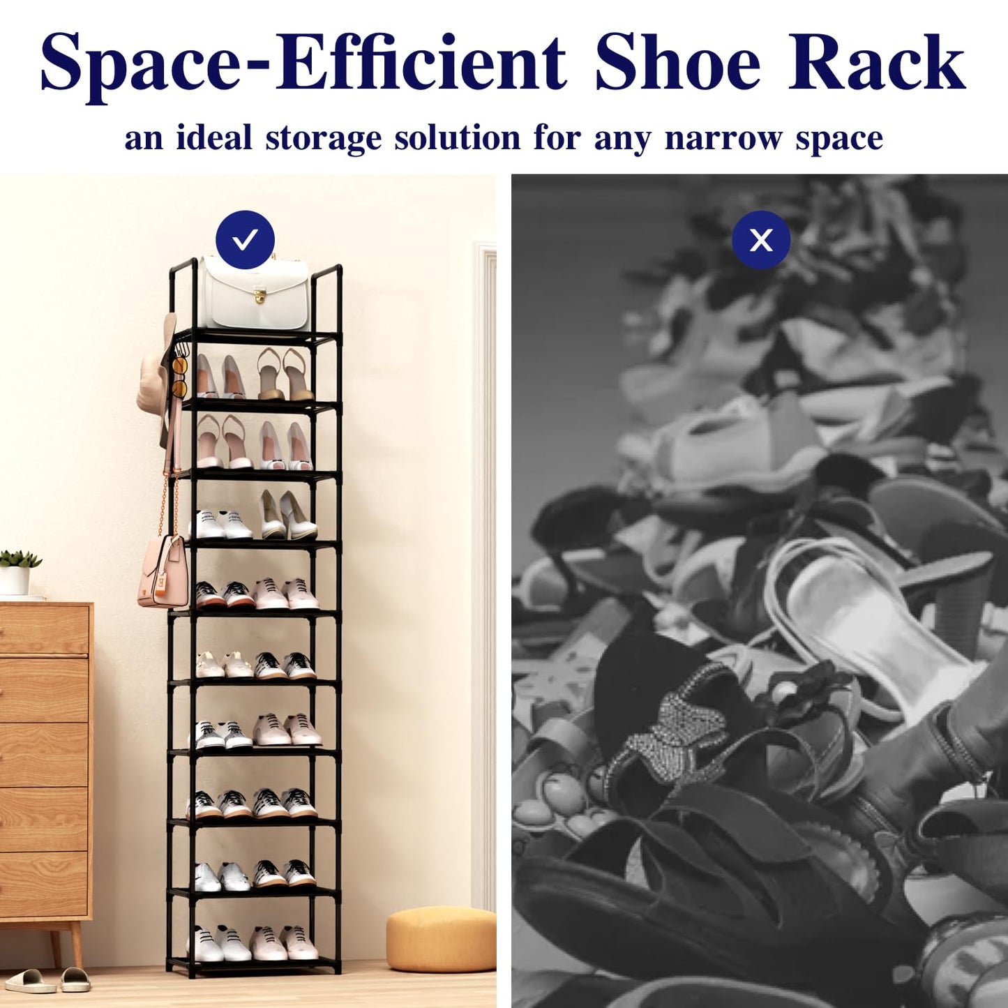 Shoe Rack, 10 Tier Tall Shoe Storage Organizer for Closet Entryway, 20-24 Pairs Narrow Metal Shoe Stand Shelf Holder Space Saving（Black）