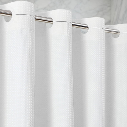 White Waterproof No Hooks Waffle Shower Curtain, 260GSM Heavy Duty Fabric, with 10 Durable Split Grommets, Luxury Hotel Spa Style for Bathroom, Machine Washable, 74 x 72 Standard Size