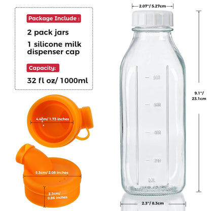 Dwbligt 32 Oz Reusable Glass Water Bottles with Silicone Dispenser Cap, 2 Pack Milk Jugs with Airtight Screw Lids, Leak Proof Glass Juice Bottles with Scale Marks for Fridge
