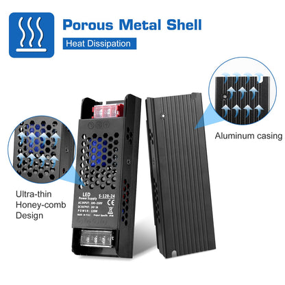 PZETCEIR LED Driver 24V 120W 5A Slim LED Power Supply, AC 110V to 24V DC Adapter, Constant Voltage LED Transformer for Strip Lights, Bulbs, Garden and Cabinet Lights