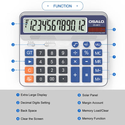 Desktop Calculator Extra Large 5-Inch LCD Display 12 Digit Big Number Accounting Calculator with Giant Response Button, Battery & Solar Powered, Perfect for Office Business Home Daily Use(OS-6815CA)