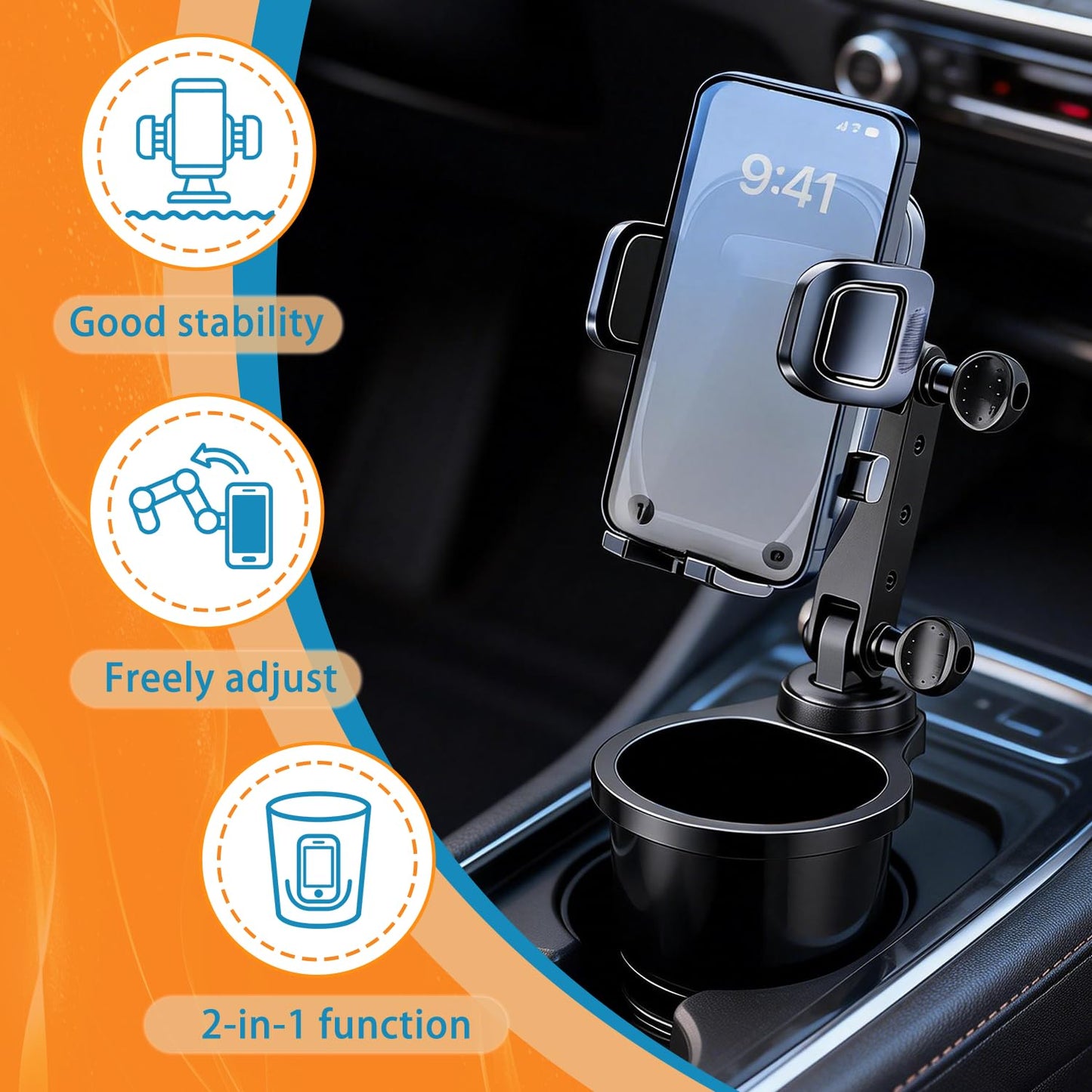 SAMPUSS 2-in-1 Phone Holders for Your Car, Car Cup Holder Phone Mount with Long Arm & 360°Rotation-Universal Smartphone Holder, Expands Cup Holder Space, Compatible with All iPhone and Android Devices