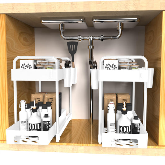 2 Pack Under Sink Organizer for Efficiently Utilizing Space, 2 Tier Bathroom Cabinet Organizers and Storage, Multi-purpose Kitchen Organizer and Storage with Hooks and Cups(White)