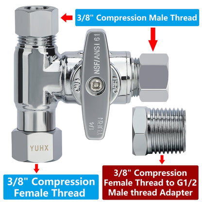 YUHX Brass Angle Stop Add-A-Tee Valve for TOTO Washlet Bidet and Handheld Sprayer, 3/8 Compression Connector 3 Way Diverter 3/8" x3/8" x3/8" or 1/2" Toilet T Adapter