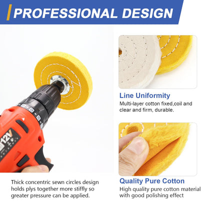 SCOTTCHEN 4inch Buffing Polishing Wheel with 1/4" Shank for Drill, 1/2" Arbor Hole,Soft/Fine/Medium -3pcs,with Buffing Polishing Cutting Compounds 7.4 Oz.Kit,with 2 Pack Non-Woven Bandage