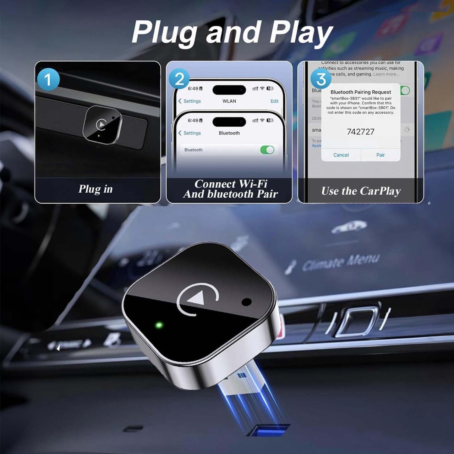 Wireless CarPlay Adapter for iPhone, 2026 Upgraded 2 in 1 Android Auto Wired Wireless Adapter, CarPlay to Device Mini T-Shaped for Car USB//Type-C Plug and Play, Fast & Stable
