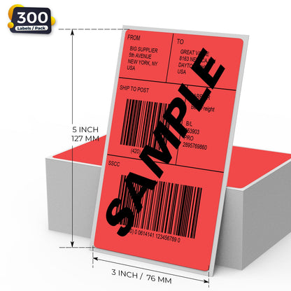 YIKIADA Red Thermal Labels 3 x 5 Inch Vinyl Self-Adhesive Fanfold Direct Shipping Stickers Waterproof Perforated Printer Decal for Office Warehouse Barcode 300 PCS
