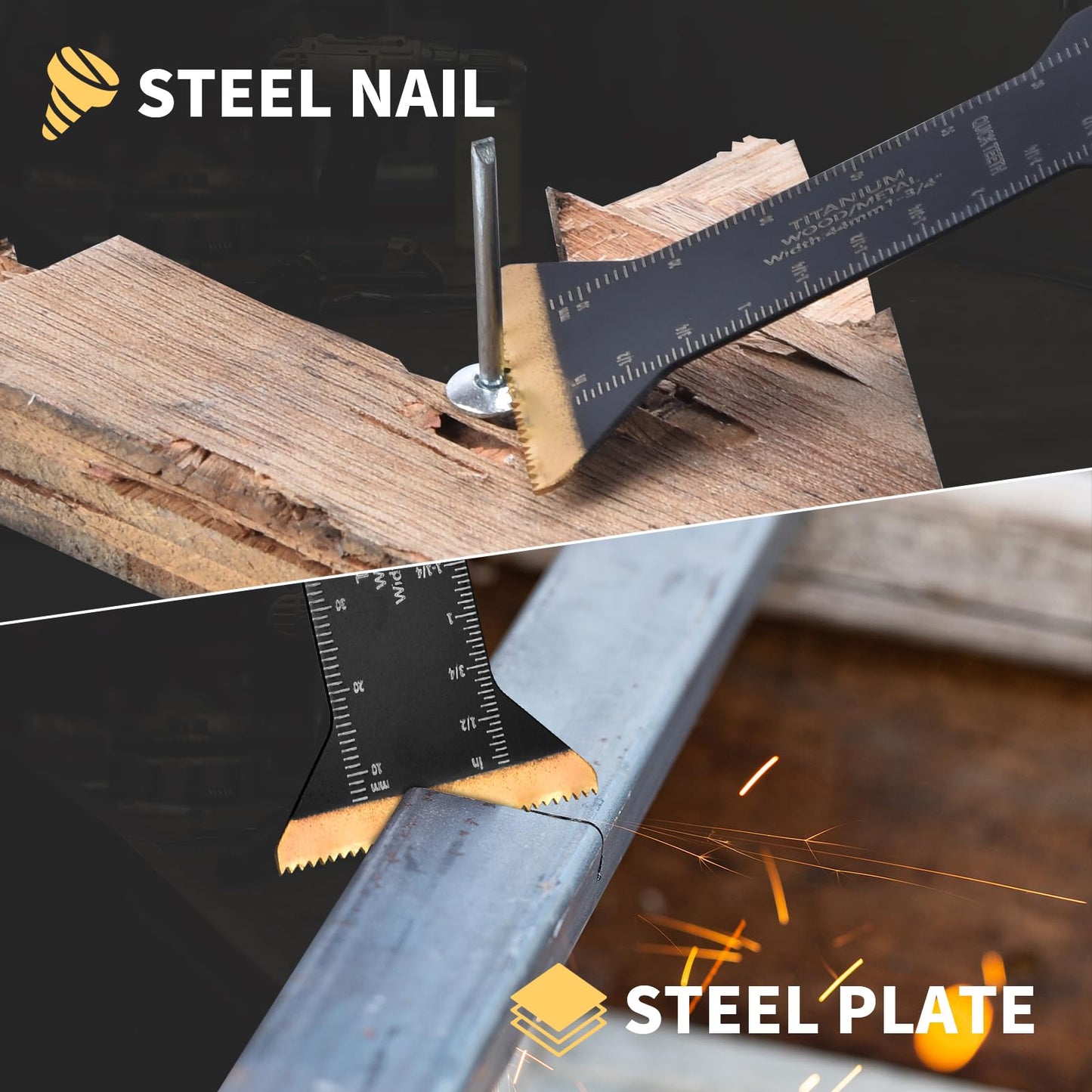 LONGTERM 10PCS Bi-Metal Titanium-Coated Oscillating Saw Blades Multi Tool Blades Set for Wood/Metal/PVC Cutting, Quick Release Durable Blades Compatible with DeWalt, Makita, Ryobi