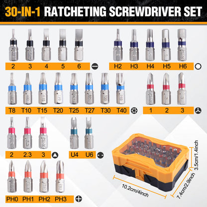 LEONTOOL 32 Pcs Mini Ratchet Set, Stubby Right Angle Screwdriver 1/4" Mini Ratchet Wrench and Screwdriver Bit Set, CR-V Steel Low Profile Reversible 72-Tooth Ratcheting Wrench for Tight Spaces