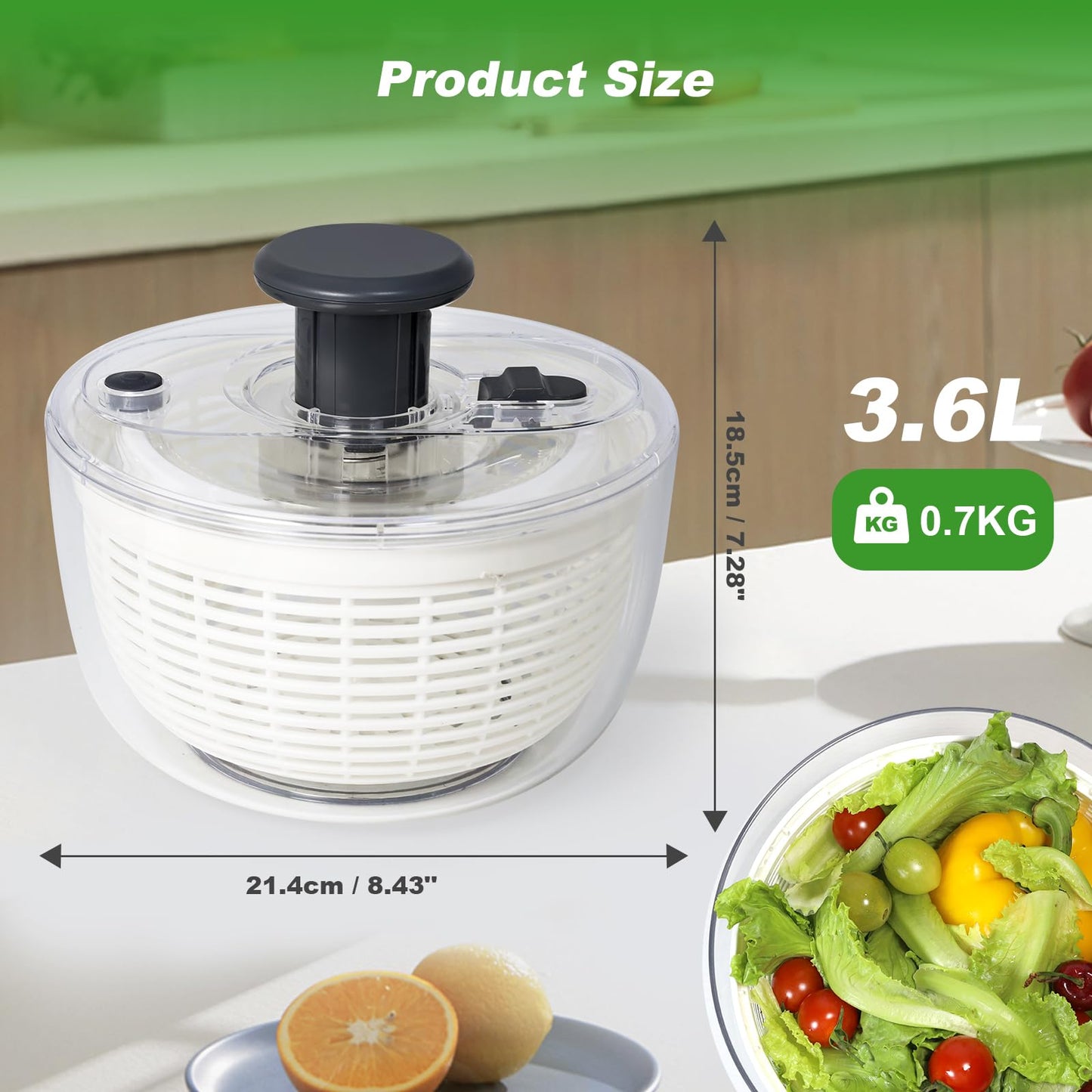 Salad Spinner - 3.6 Litre Non-Slip Vegetable & Fruit Washer/Dryer for Households, Easy-Clean Kitchen Gadget for Greens, Herbs & Vegetables
