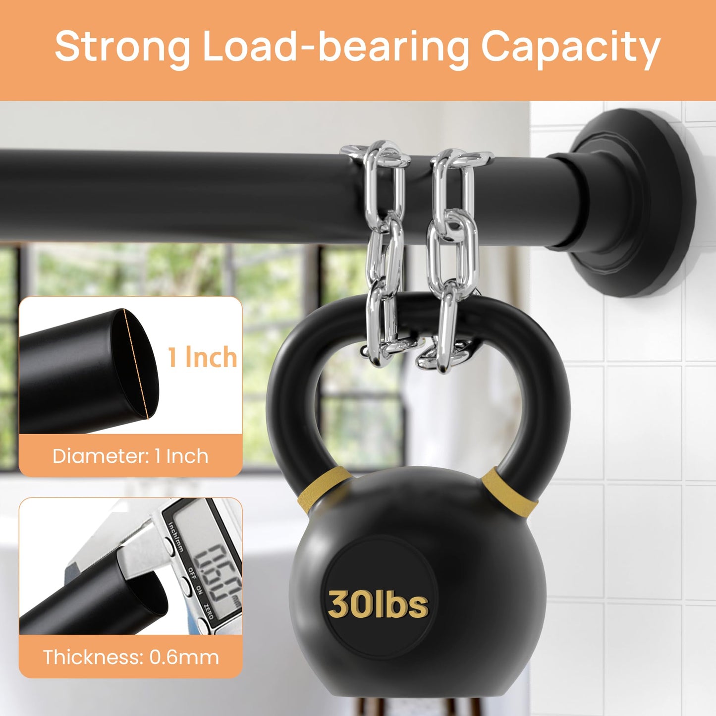 upsimples Matte Black Shower Curtain Rod No Drilling 30 to 76 Inches, 1 Inch Adjustable Spring Stainless Steel Tension Shower Rod No Drill Curtain Pole for Bathroom, Closet, Window