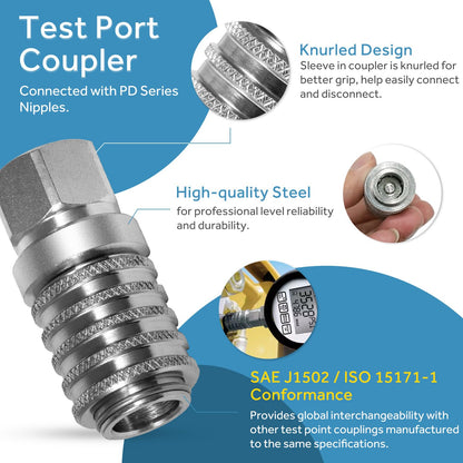 PD242 Series PD Steel Test Port and Diagnostic Equipment Quick Coupler with Female Pipe Thread, 1/8" Body Size, 1/4"-18 NPTF Thread Size, 2.12" Length