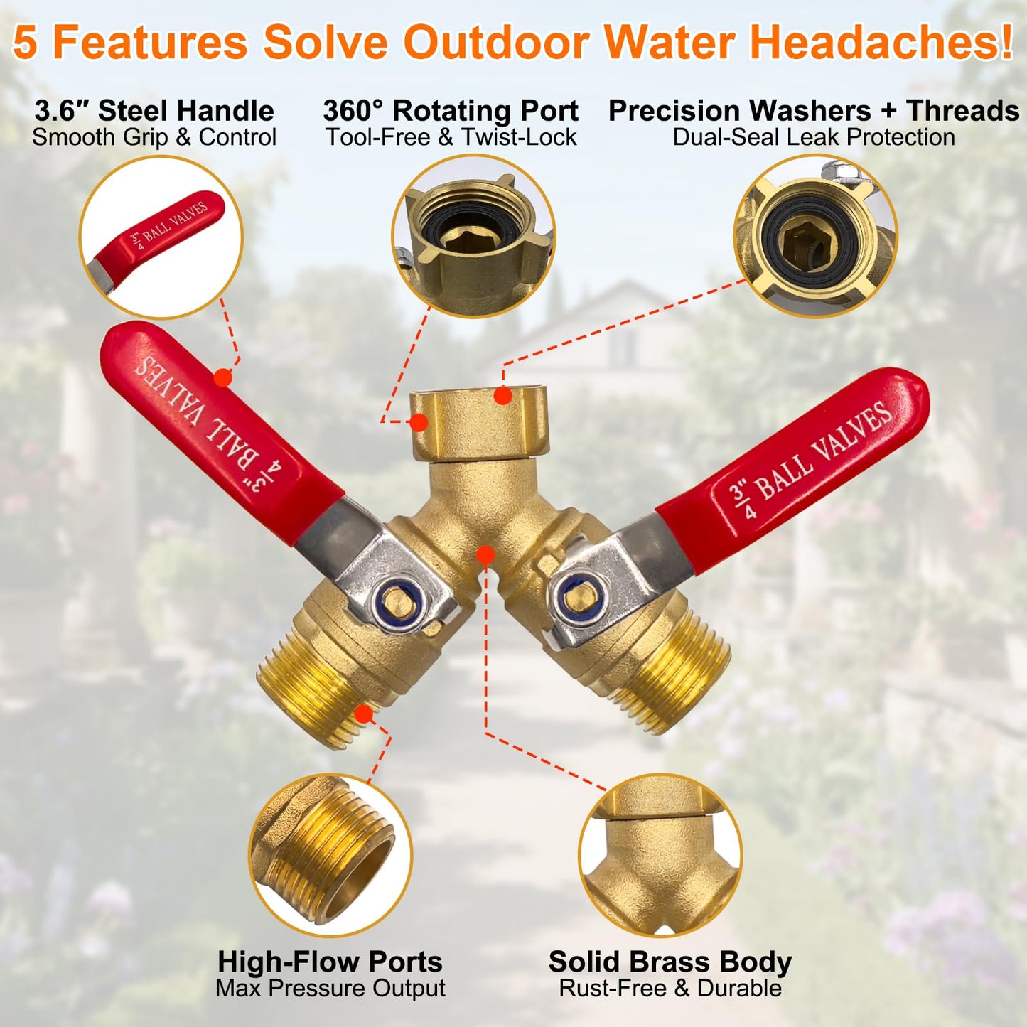 3/4" GHT 2-Way Heavy Duty Hose Splitter - Solid Brass Body & Red-Coated 304 Stainless Steel Handle for RV and Garden Use
