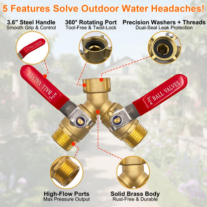 3/4" GHT 2-Way Heavy Duty Hose Splitter - Solid Brass Body & Red-Coated 304 Stainless Steel Handle for RV and Garden Use