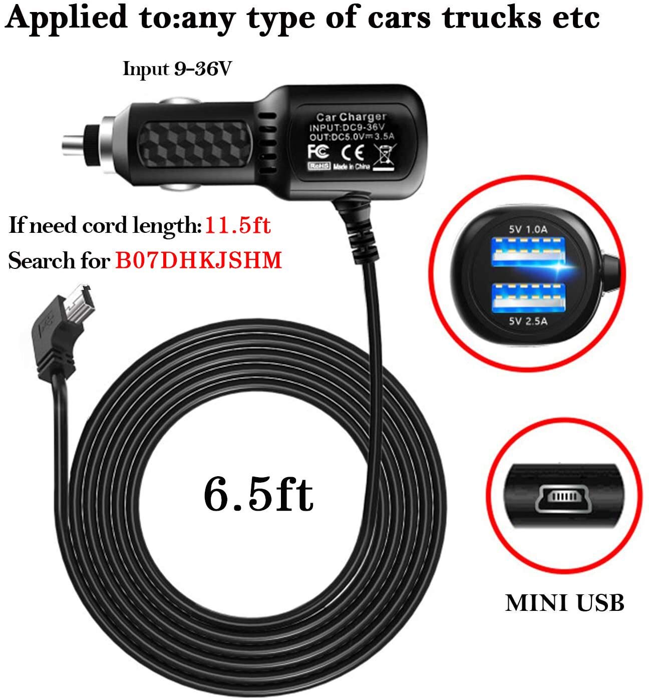 Car Charger for Gar’min Nuvi,Ga‘rmin car Charger,Gar’min nuvi car Charger,Gar‘min GPS Charger Cable,Mini USB Power Cord Cable Dual Port USB Vehicle Power Charging Cable