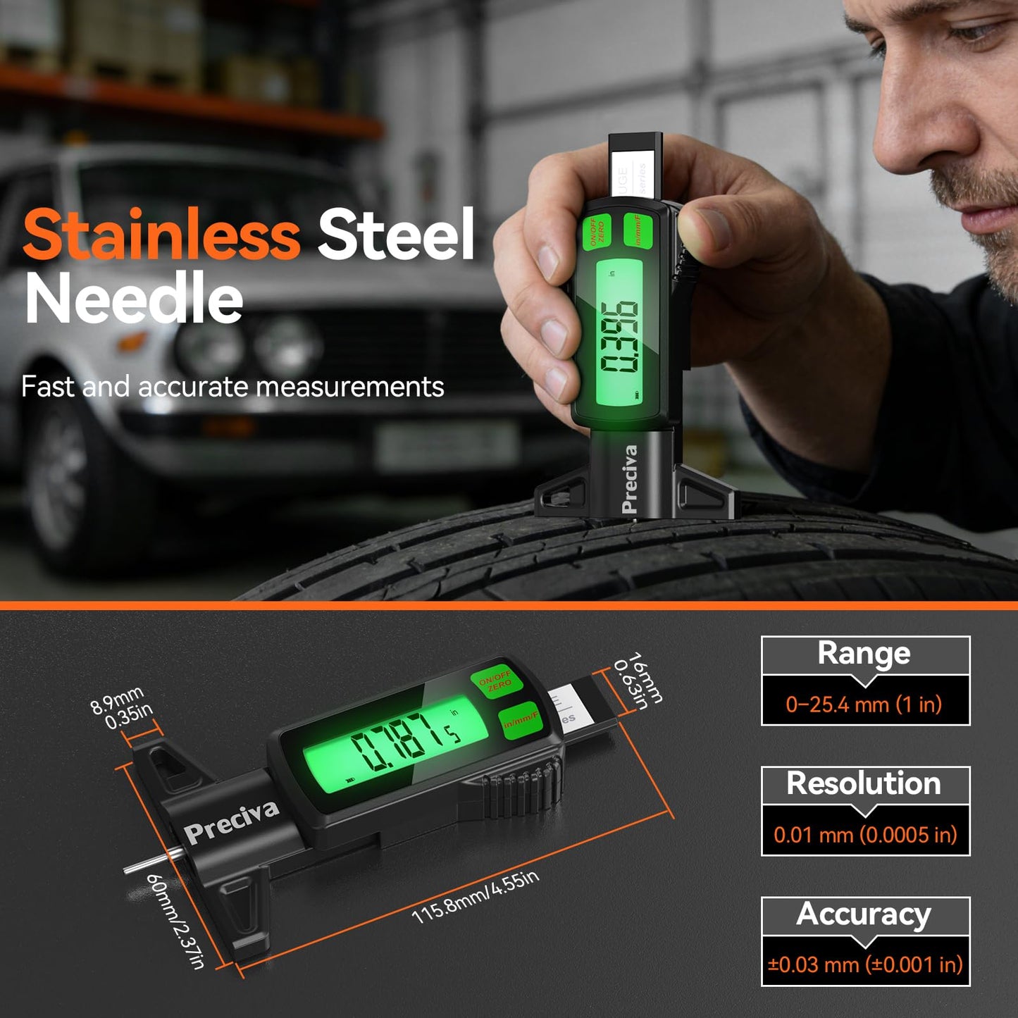 Preciva Rechargeable Tire Tread Depth Gauge, Touch Screen Digital Tire Depth Gauge with Lighting, in/MM/F Conversion, IP54 Waterproof, Auto Power Off, for Tread Depth, Brake Shoe and Pad Wear
