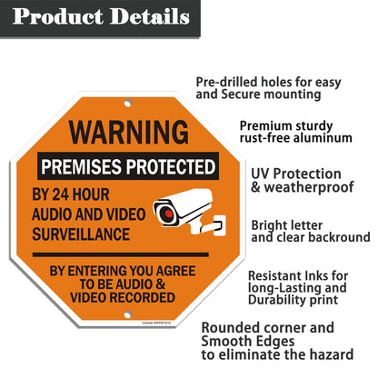 Clotide Warning Premises Protected By 24 Hour Audio And Video Surveillance By Entering You Agree To Be Audio & Video Recorded Sign, 2 Pack 12 ”x12 ” Aluminum Sign