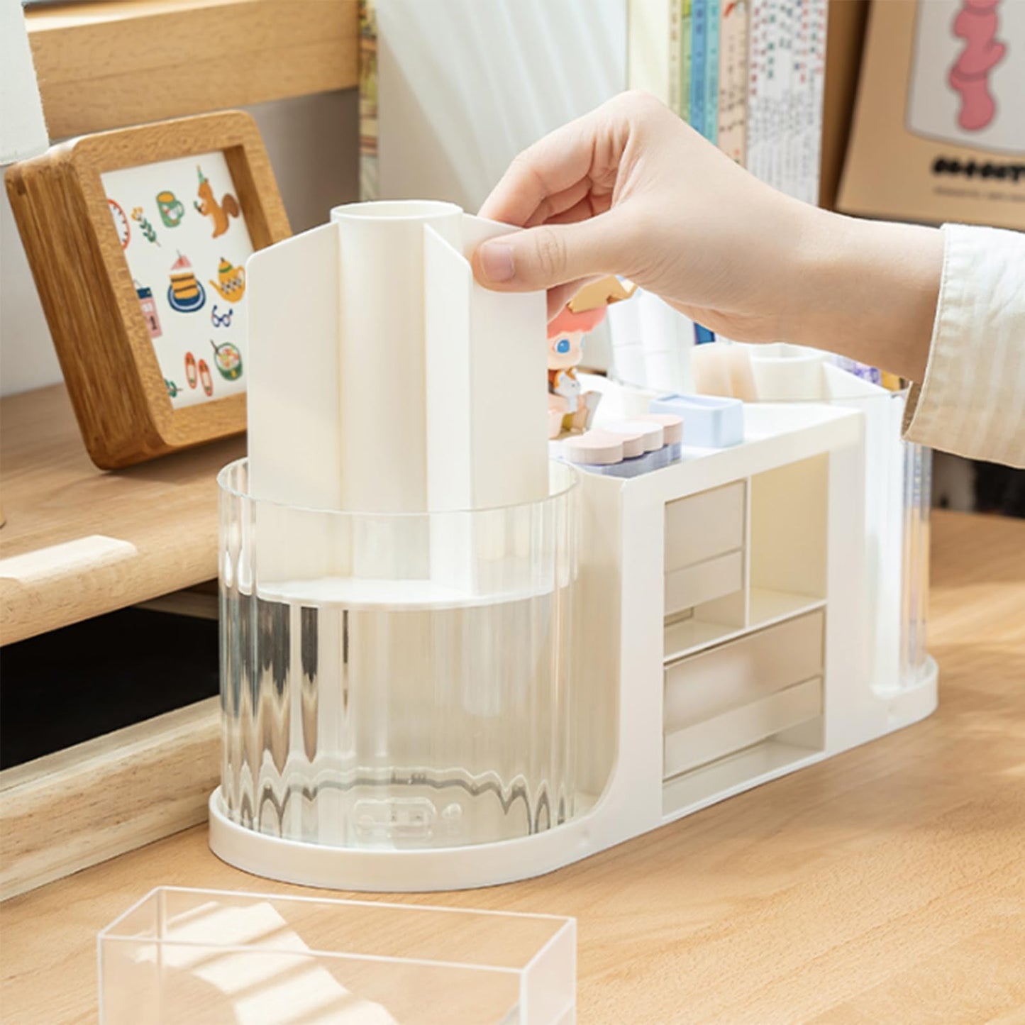 Desk Organizer with 360° Degree Rotating Pen Pencil Holder,Office Desk Organizers and Storage for Office School Home 10 Slots 3 Drawer Organizers 1 Top Storage Tray (White)