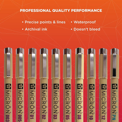 Sakura Micron fineliner pen 10 piece black ink colour artist drawing set