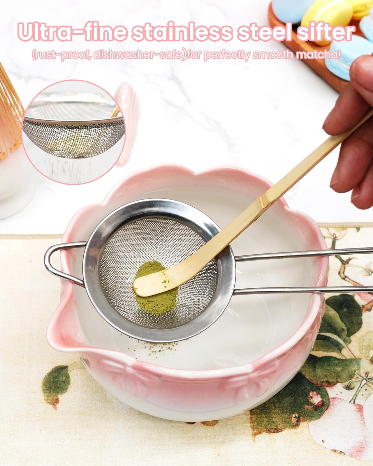RoaGain Matcha Set, 7 Pcs Matcha Whisk Set, Pink 3D Bowknot Embellished Matcha Kit for Ceremony, Tradition Tea Set for Making Latte, Matcha Whisk Set with Bowl with spout,Gift for Tea Lovers