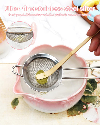 RoaGain Matcha Set, 7 Pcs Matcha Whisk Set, Pink 3D Bowknot Embellished Matcha Kit for Ceremony, Tradition Tea Set for Making Latte, Matcha Whisk Set with Bowl with spout,Gift for Tea Lovers