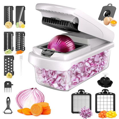Chkout Vegetable Chopper with Container, 13-in-1 Mandoline Slicer Dicer & Spiralizer, Onion Veggie Chopper, Potato Fry Cutter, Manual Food Chopper, Kitchen Tools Gadgets