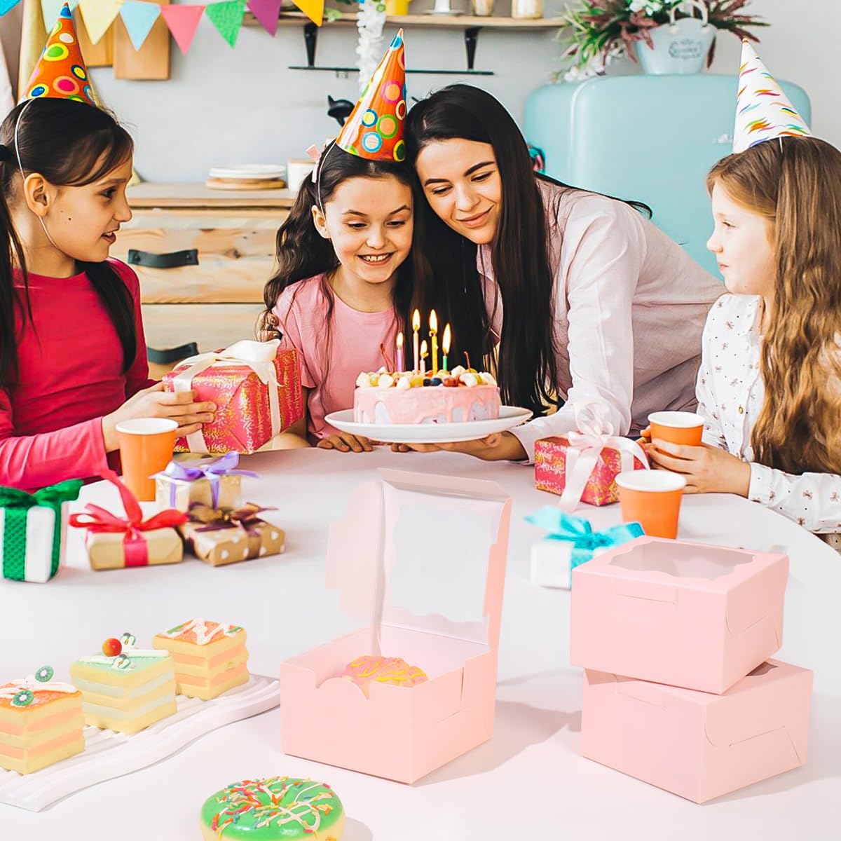 PFAMKEER 25pcs Pink Small Cake Box,4x4x2.5 Inch Bakery Boxes with Window,gift boxes bulk for Mini Cake Pastry Dessert Strawberries Chocolates Cupcakes with Stickers