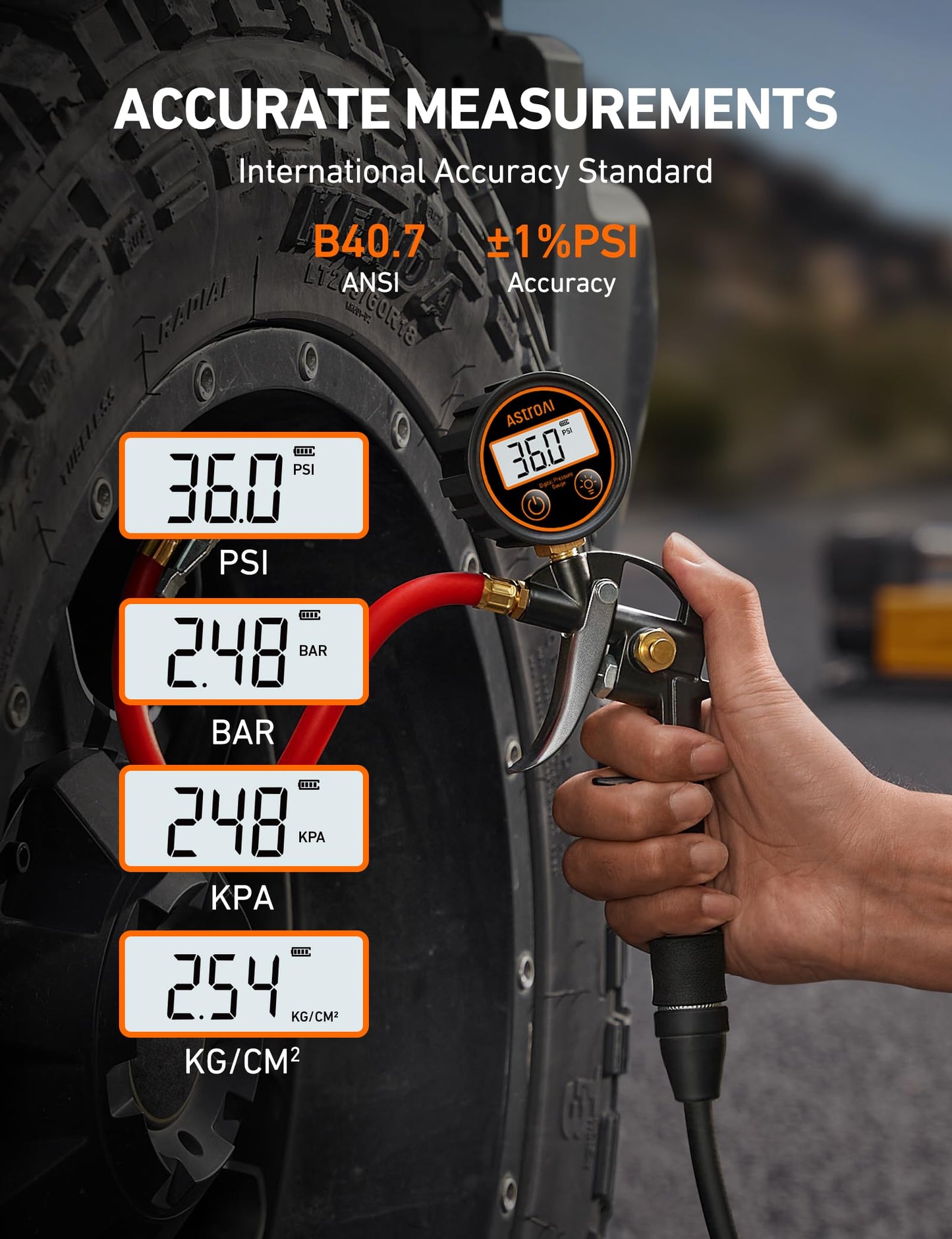 AstroAI T1 Digital Tire Inflator with Pressure Gauge 3-250 PSI, Industrial Tire Pressure Gauge Calibrated to ANSI B40.7 Grade 2A, Heavy Duty Air Compressor Accessory with Air Chuck for Car, Truck, Red
