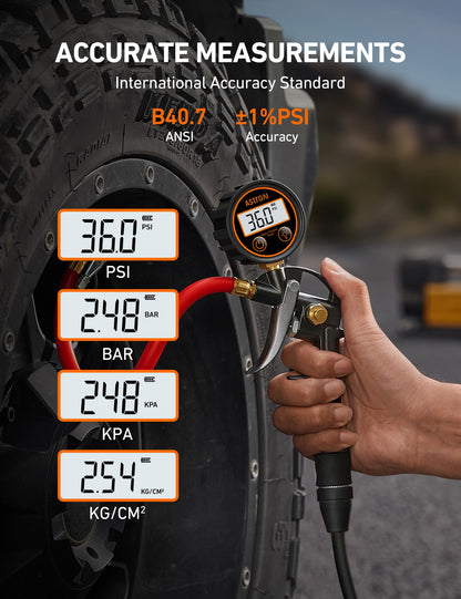 AstroAI T1 Digital Tire Inflator with Pressure Gauge 3-250 PSI, Industrial Tire Pressure Gauge Calibrated to ANSI B40.7 Grade 2A, Heavy Duty Air Compressor Accessory with Air Chuck for Car, Truck, Red