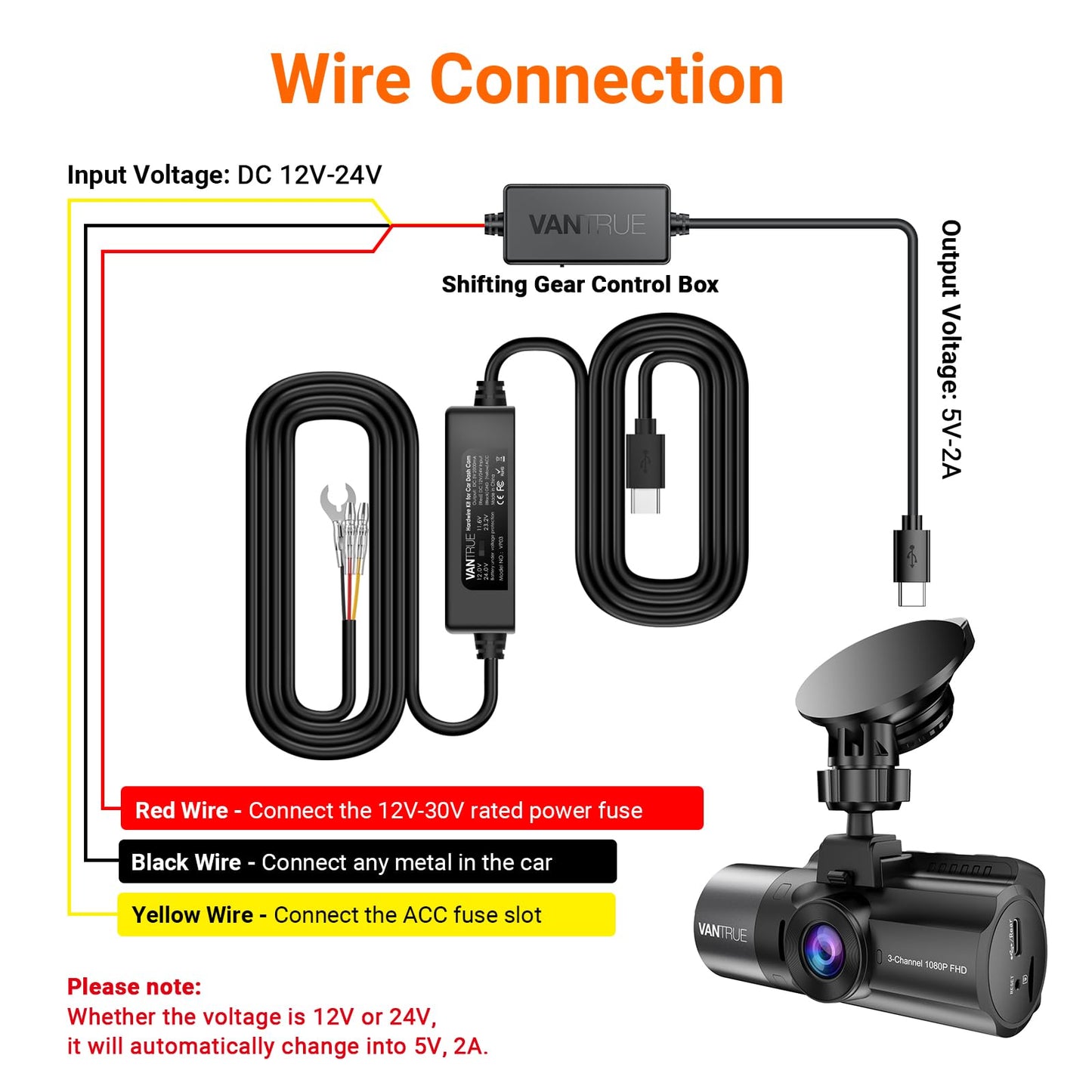 Vantrue 11.5ft USB-C Hardwire Kit (12V–24V to 5V) with Acc Functionality, Low Voltage Protection for N4(S)/N4 Pro(S)/N5(S)/N2X/E1 Pro/E360/ACE/E1 Lite/E2/S1 Pro(MAX)