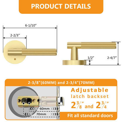 Amerdeco Brushed Gold Privacy Knurled Door Handles, Heavy Duty Interior Bedroom and Bathroom Lever, 1 Pack (AM0016)