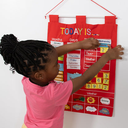 The Peanutshell Preschool Educational Wall Calendar - 53 Fabric Pieces for Months, Days, Years, Weather, & Seasons (Red)