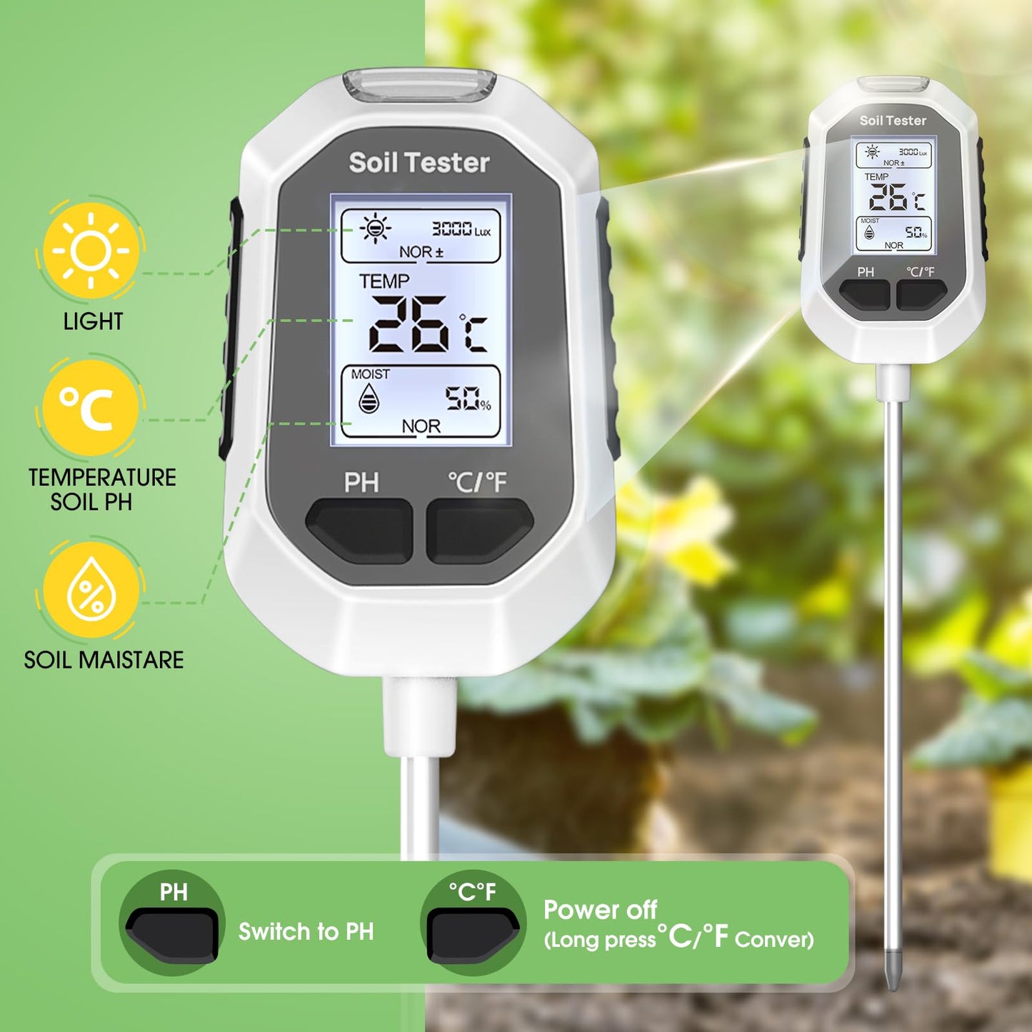 5-in-1 Soil Moisture Meter Digital Plant Temperature/Soil Moisture/PH Meter/Sunlight Intensity/Soil Fertility Backlight LCD Display Soil Test Meter for Gardening, Farming and Outdoor Plants