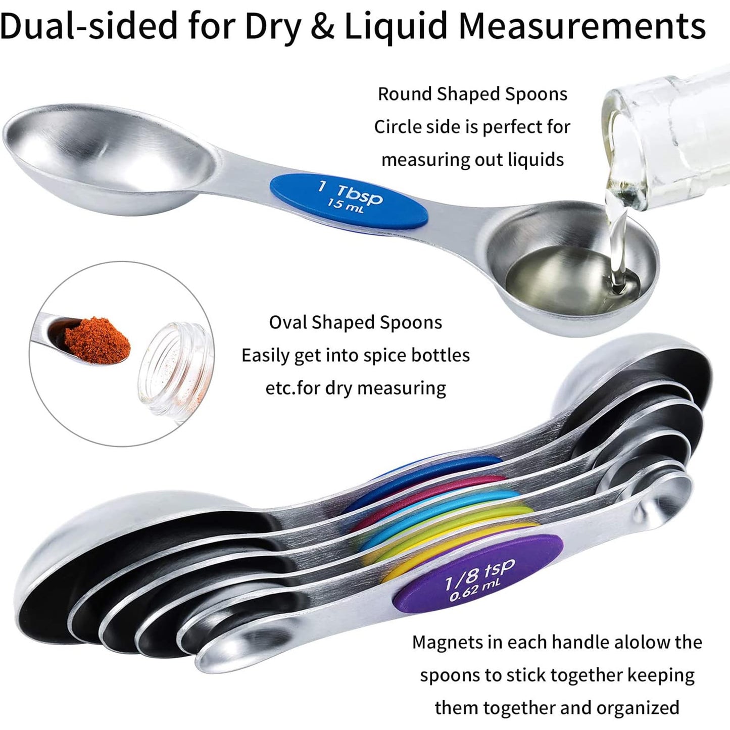 TILUCK Measuring Cups and Magnetic Measuring Spoons Set, Stainless Steel Measuring Cups, 6 Double-Sided Stainless Steel Measuring Spoons & 1 Leveler (5+7)