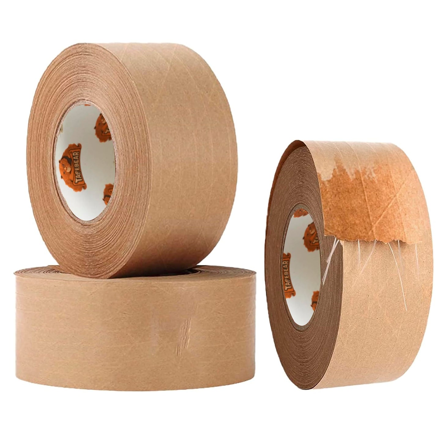 TAPEBEAR Water Activated Tape, Fiber Reinforced Gummed Tape 2inch x 165ft, Eco-Friendly Kraft Paper Tape Biodegradable Brown Packing Tape for Security Sealing, Heavy Duty Packaging and Shipping,3Rolls