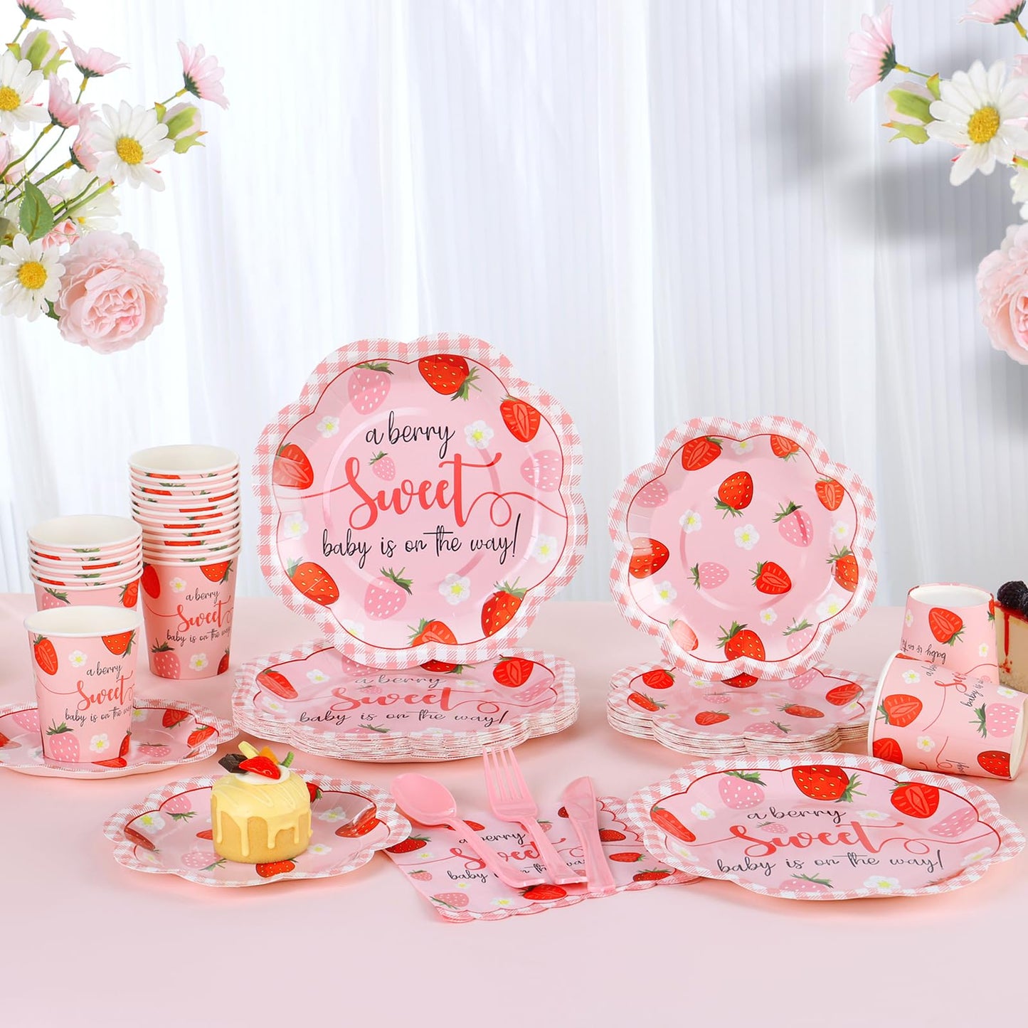 Gudvilla Strawberry Baby Shower Decorations for Girl, Baby Shower Plates and Cups and Napkins Sets Serves 24, Strawberry Plates, A Berry Sweet Baby Is On The Way Decorations, Berry Sweet Party