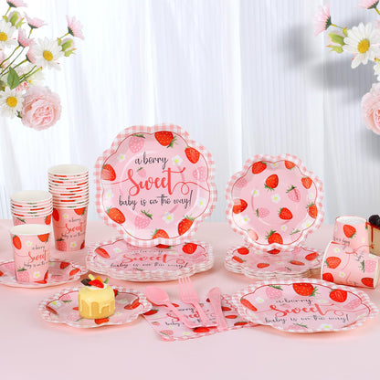 Gudvilla Strawberry Baby Shower Decorations for Girl, Baby Shower Plates and Cups and Napkins Sets Serves 24, Strawberry Plates, A Berry Sweet Baby Is On The Way Decorations, Berry Sweet Party