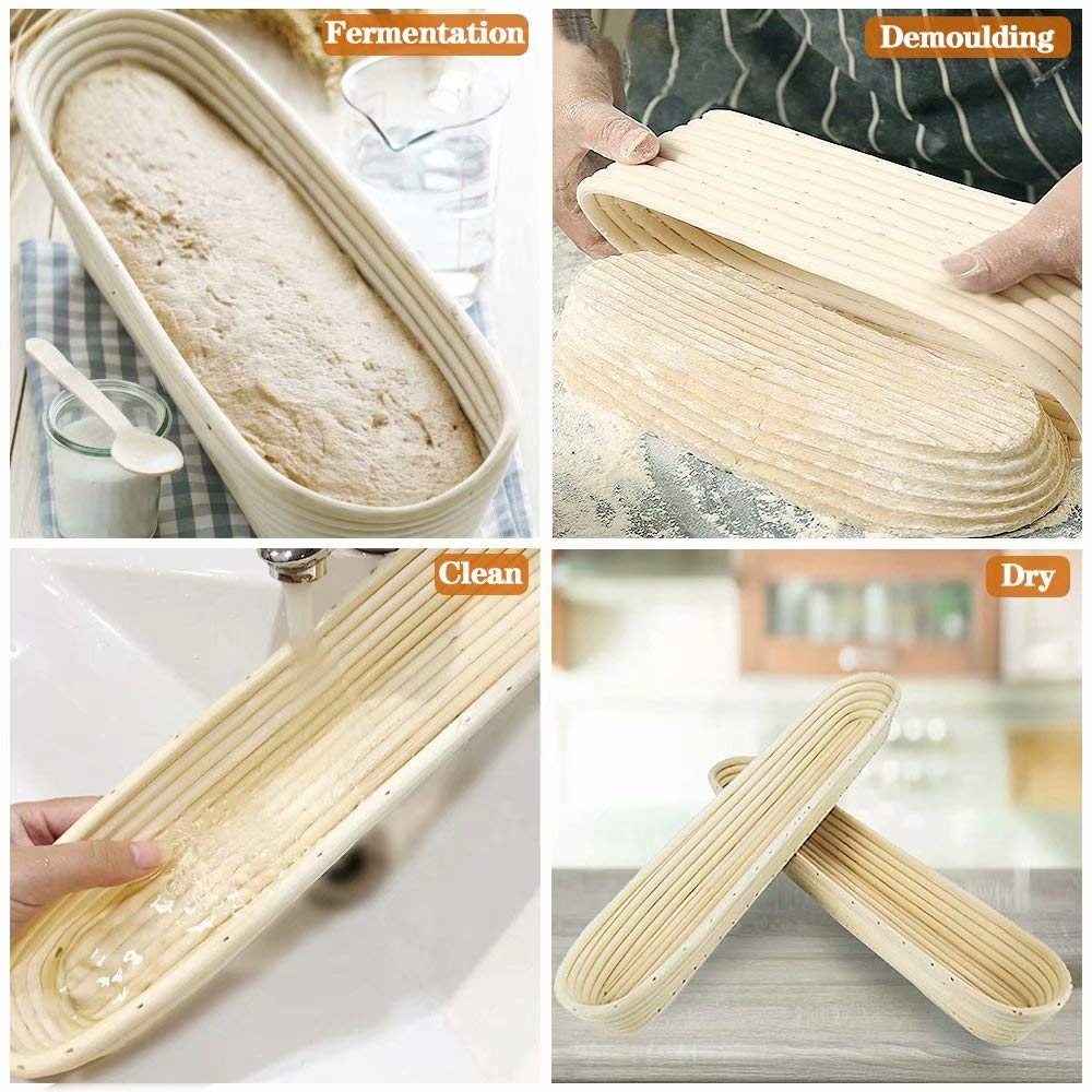 2 pack of 10 inch Sourdough Bread Bakery Basket,Oval Bread Banneton Proofing Basket with Linen Liner Cloth, Brotform Dough Rising Rattan Handmade Rattan Bowl for Professional & Home Bakers