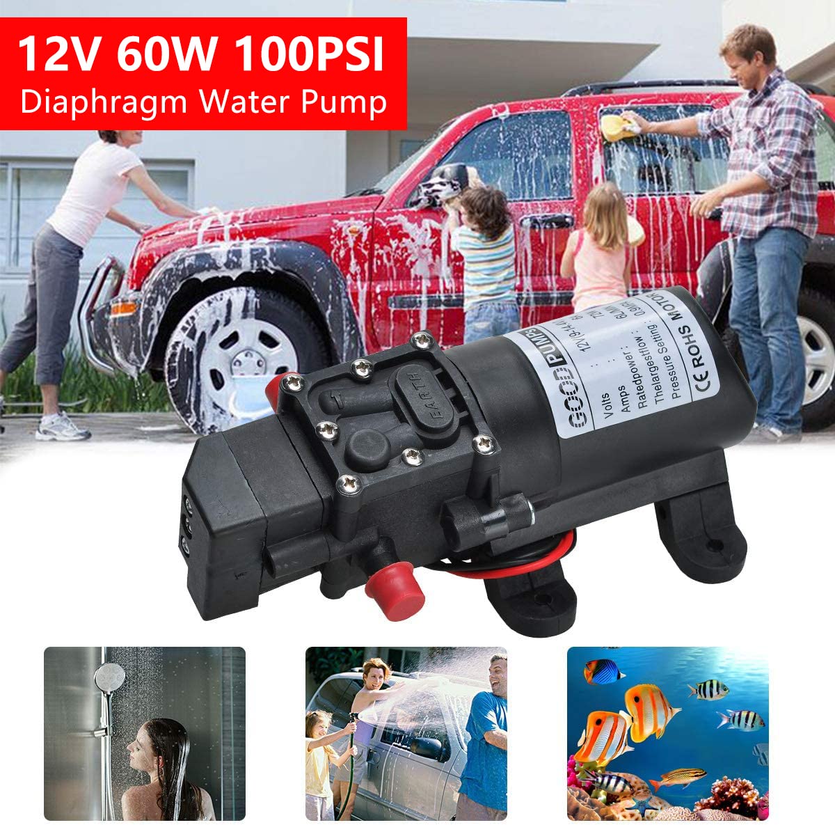 COVVY DC 12V 60W Water Pump 100PSI High Pressure Diaphragm Pump 1.2GPM Self Priming Water Pump for RV Caravan Boat Marine