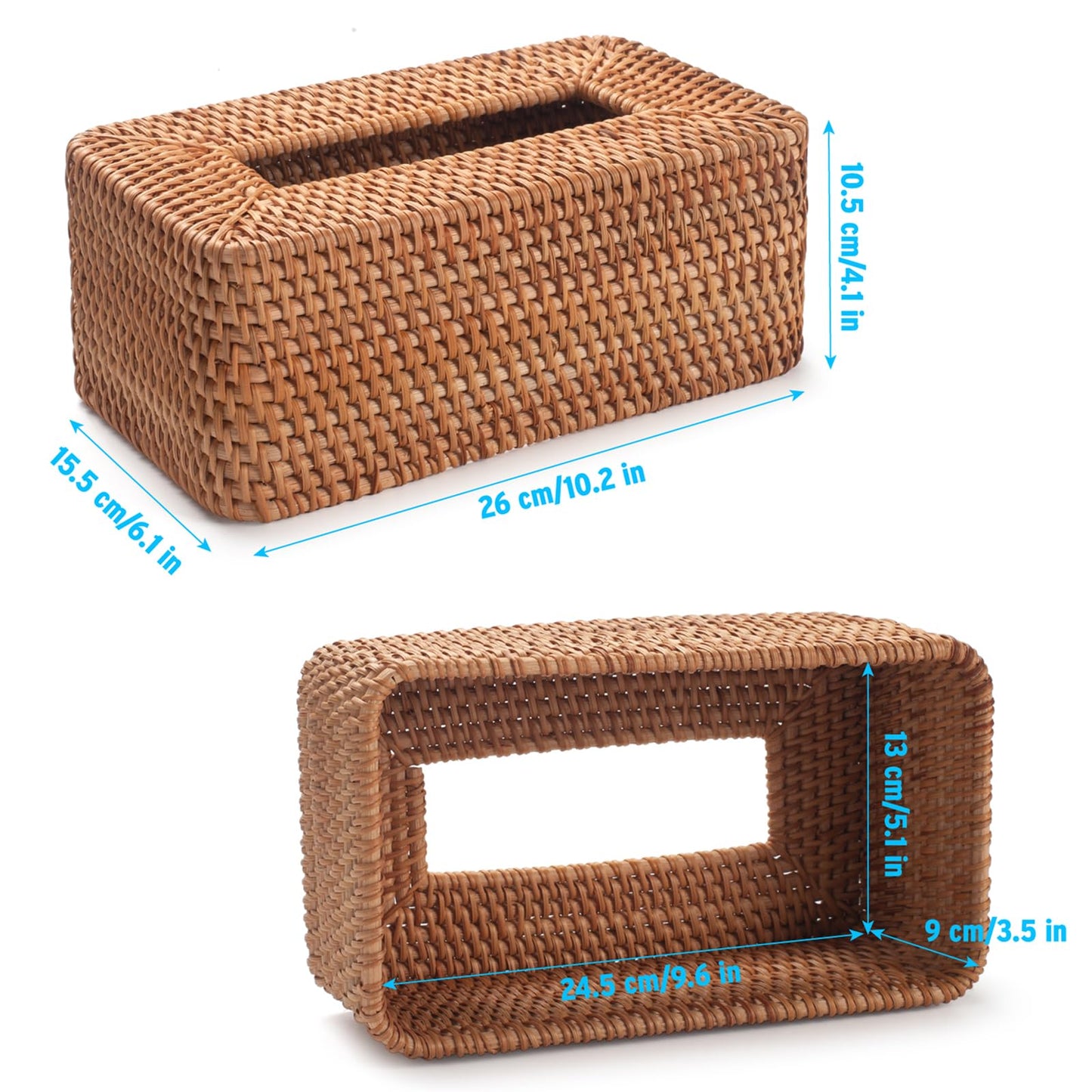 Rattan Tissue Box Cover, Rectanglar Hand Woven Wicker Tissue Holder, Boho Decorative Woven Facial Tissue Holder on Table and Bathroom, 26x15.5x10.5cm, Natural